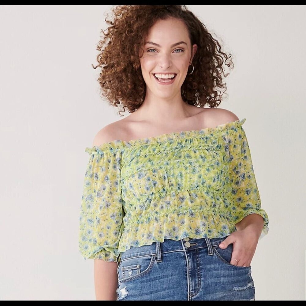 Juniors' SO Mesh Gathered Ruffled TopMEDIUM, Lemon Blue- NEW-cropped